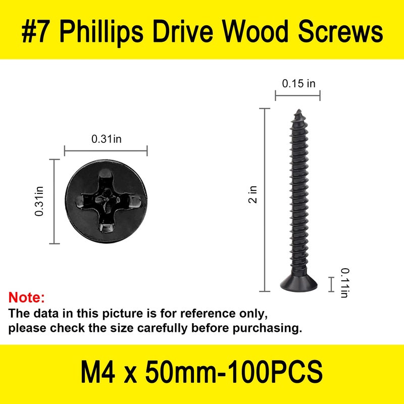 LERNOU 100 Pcs #7 X 2'' Drywall Screws,Black Wood Screw,Flat Head Phillips Screws Self Tapping Screws Used in Furniture,Woodworking Repairs and DIYProjects（M4 X 50mm） - Image 2